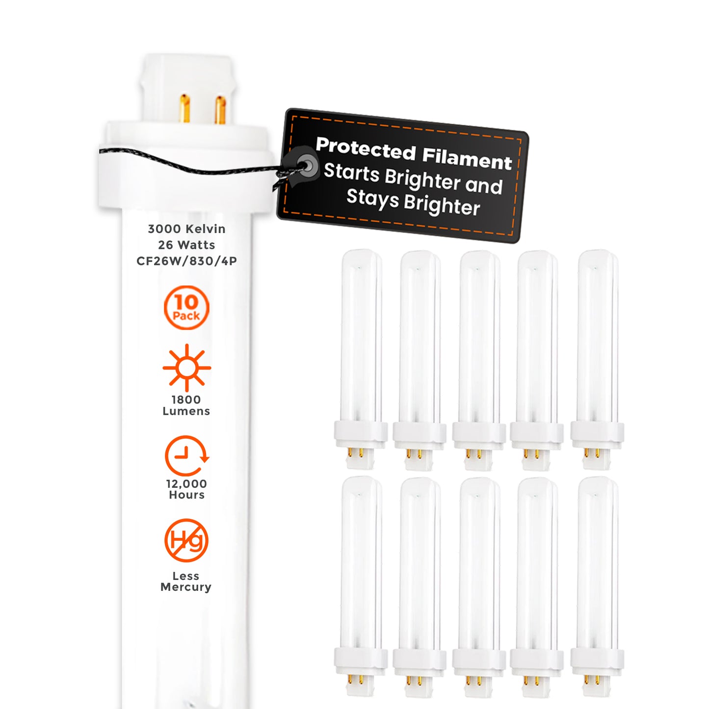 26 Watt CFL Light Bulbs - 3000K Warm White - 4 Pin G24Q-3 - 26W 1800 Lumens - Double Tube Compact Fluorescent Light Bulbs Plug-in