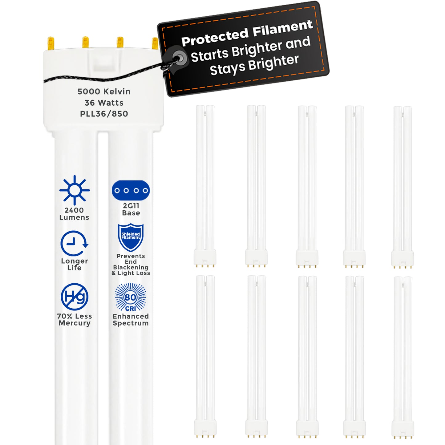 PLL36/850 - 36 Watt - 16.5 Inch Twin Tube CFL - 4-pin 2G11 Base - 5000K Pure White 2400 Lumen - 36,000 Life Hours