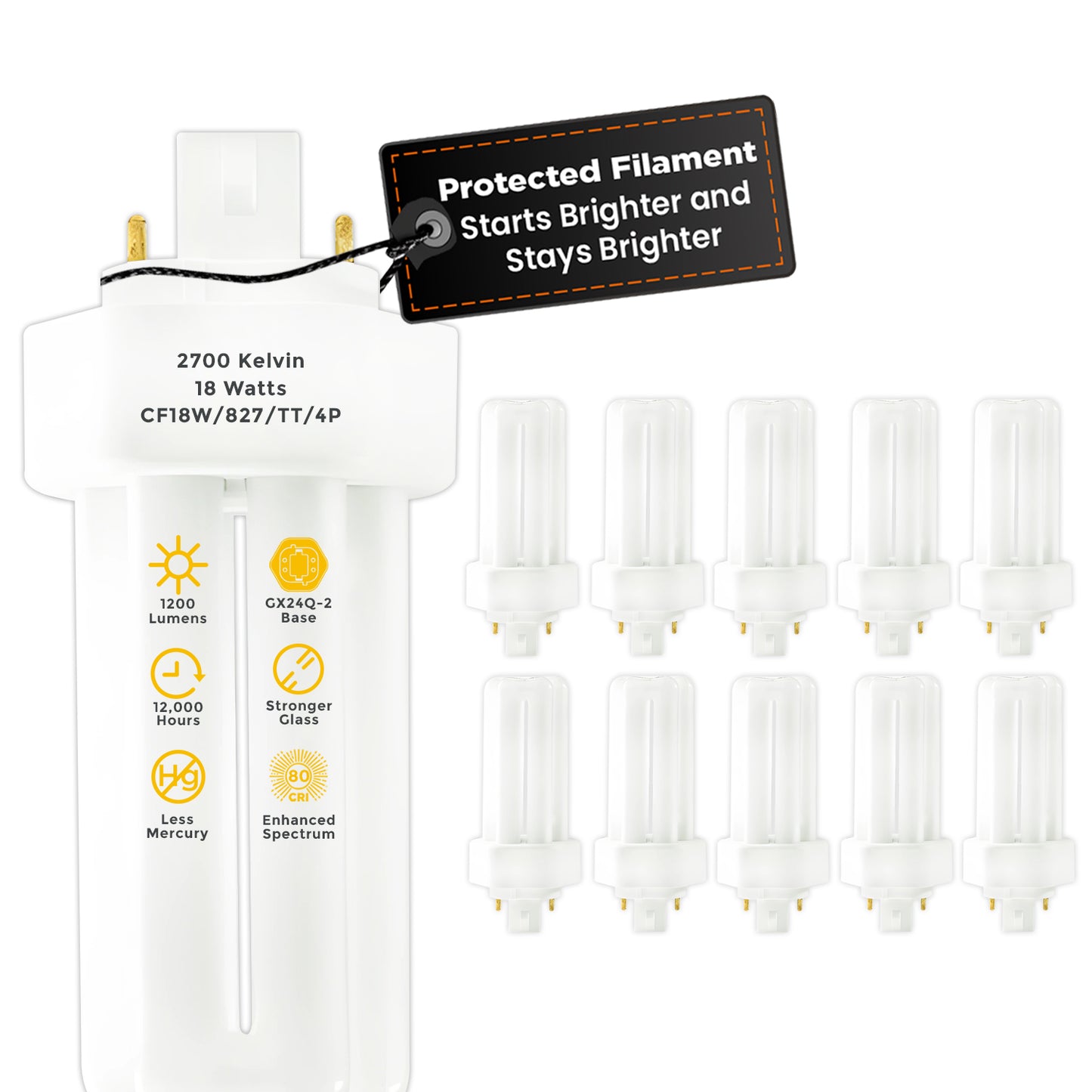 18 Watt CFL Light Bulbs - 4 Pin GX24Q-2 Base - 2700K Incandescent Glow - 18W 1200 Lumens - Triple Tube Compact Fluorescent Light Bulbs Plug-in