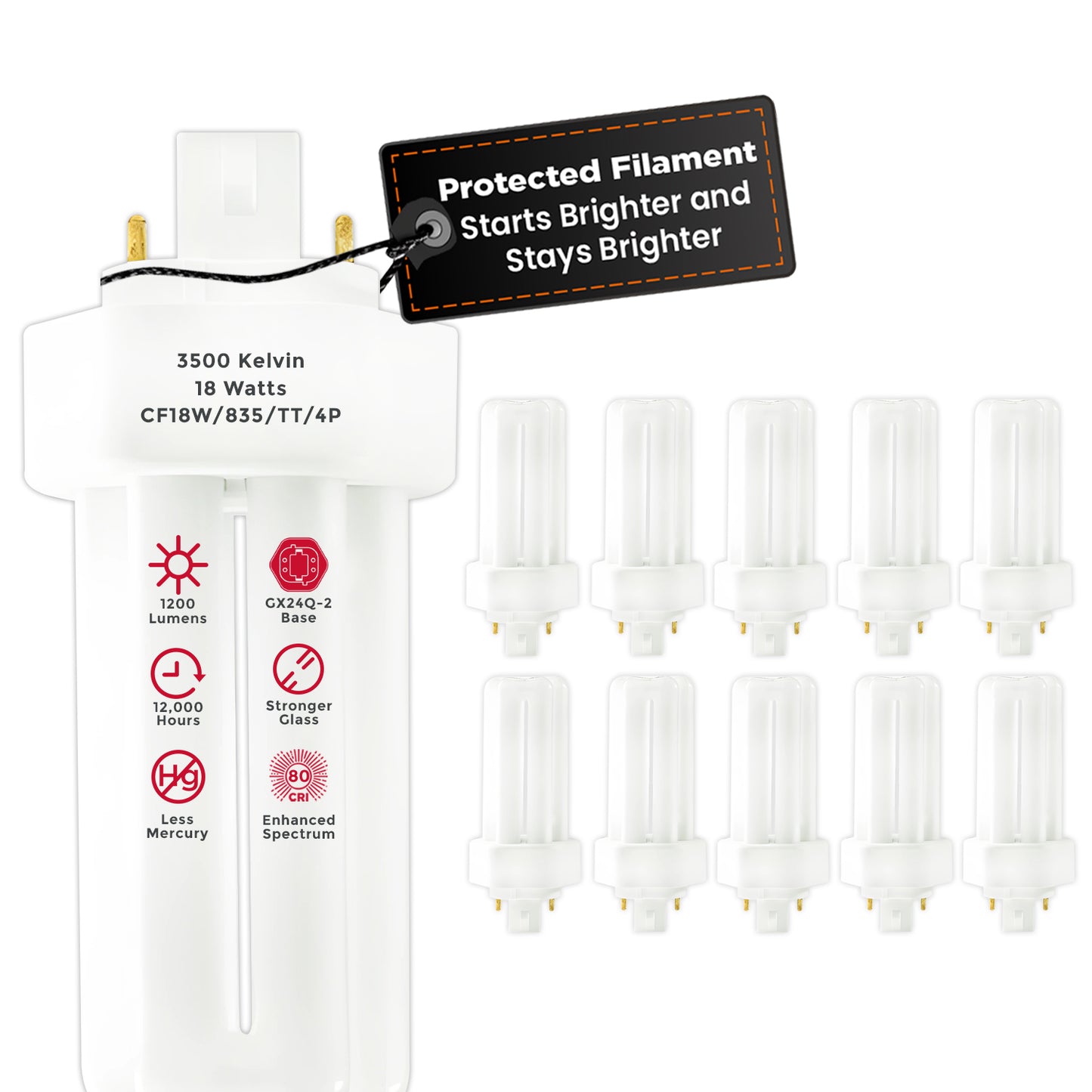 18 Watt CFL Light Bulbs - 4 Pin GX24Q-2 Base - 3500K Neutral White - 18W 1200 Lumens - Triple Tube Compact Fluorescent Light Bulbs Plug-in
