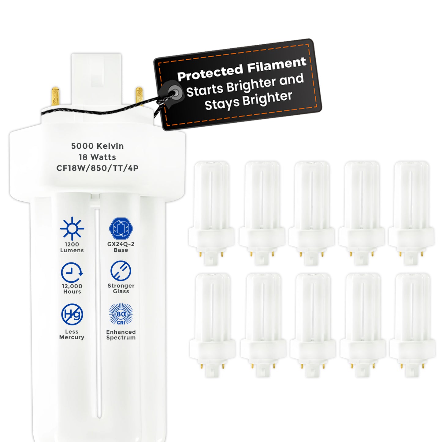 18 Watt CFL Light Bulbs - 4 Pin GX24Q-2 Base - 5000K Pure White - 18W 1200 Lumens - Triple Tube Compact Fluorescent Light Bulbs Plug-in