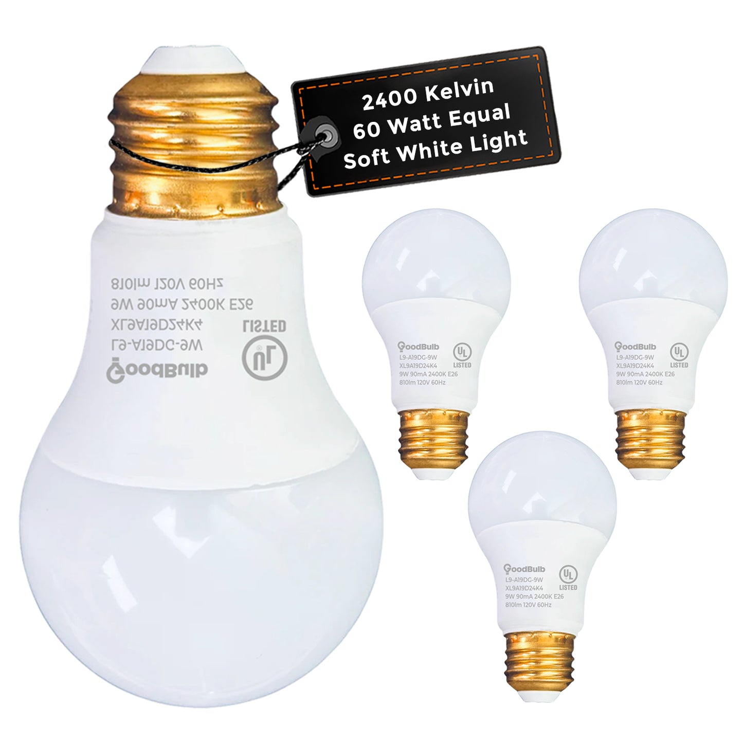 60 WATT UPGRADE – 9 WATT DIMMABLE LED A19 – 90+ HIGH CRI - SERENE SOFT WARM LIGHT – 810 LUMENS – 2400 KELVIN – ROUGH SERVICE - 25,000 HOURS & 5 YEAR WARRANTY