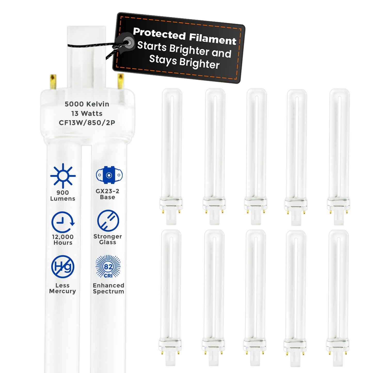 13 Watt CFL Light Bulbs - 2 Pin GX23 Base - 5000K Pure White - 13W 900 Lumens - Single Tube Compact Fluorescent Light Bulbs Plug-in