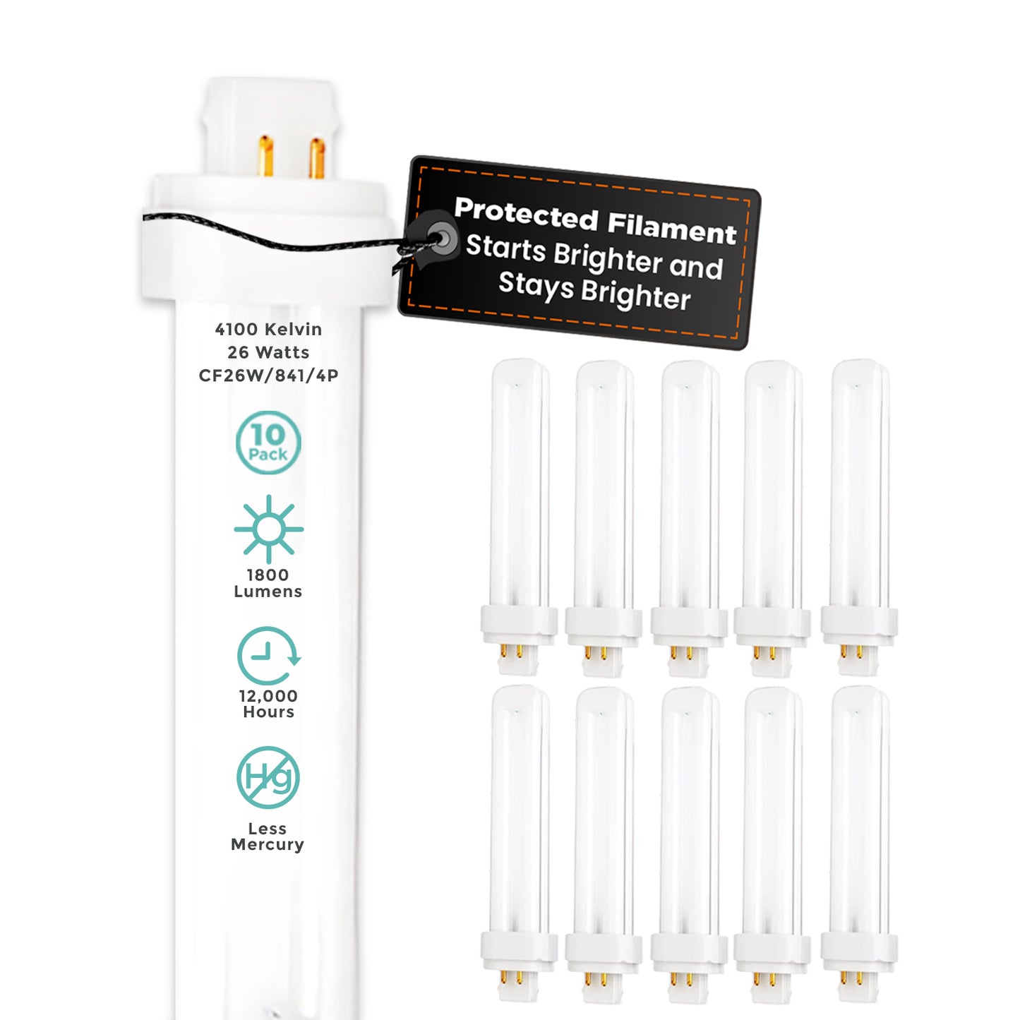 26 Watt CFL Light Bulbs - 4100K Cool White - 4 Pin G24Q-3 - 26W 1800 Lumens - Double Tube Compact Fluorescent Light Bulbs Plug-in