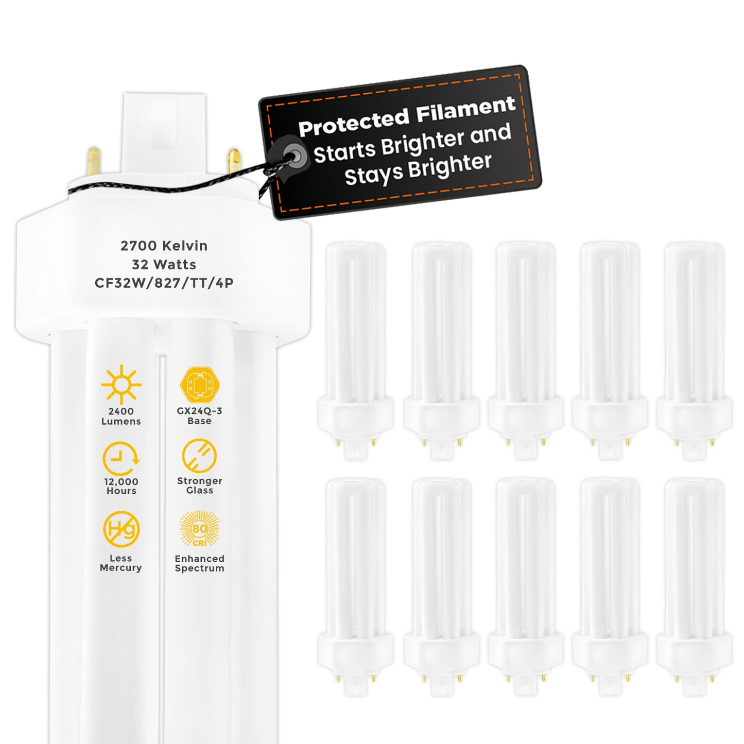 32 Watt CFL Light Bulbs - 4 Pin GX24Q-3 Base - 2700K Incandescent Glow - 32W 2400 Lumens - Triple Tube Compact Fluorescent Light Bulbs Plug-in