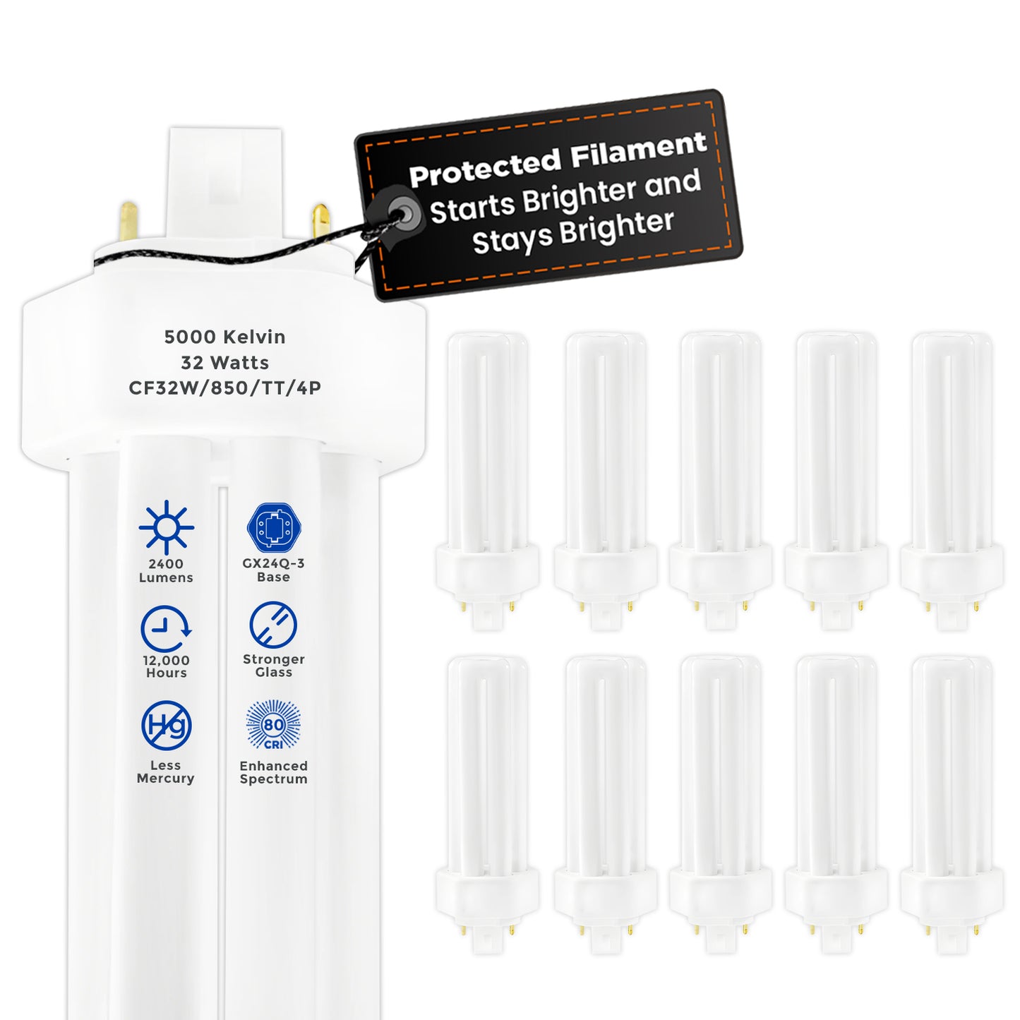 32 Watt CFL Light Bulbs - 4 Pin GX24Q-3 Base - 5000K Pure White - 32W 2400 Lumens  - Triple Tube Compact Fluorescent Light Bulbs Plug-in