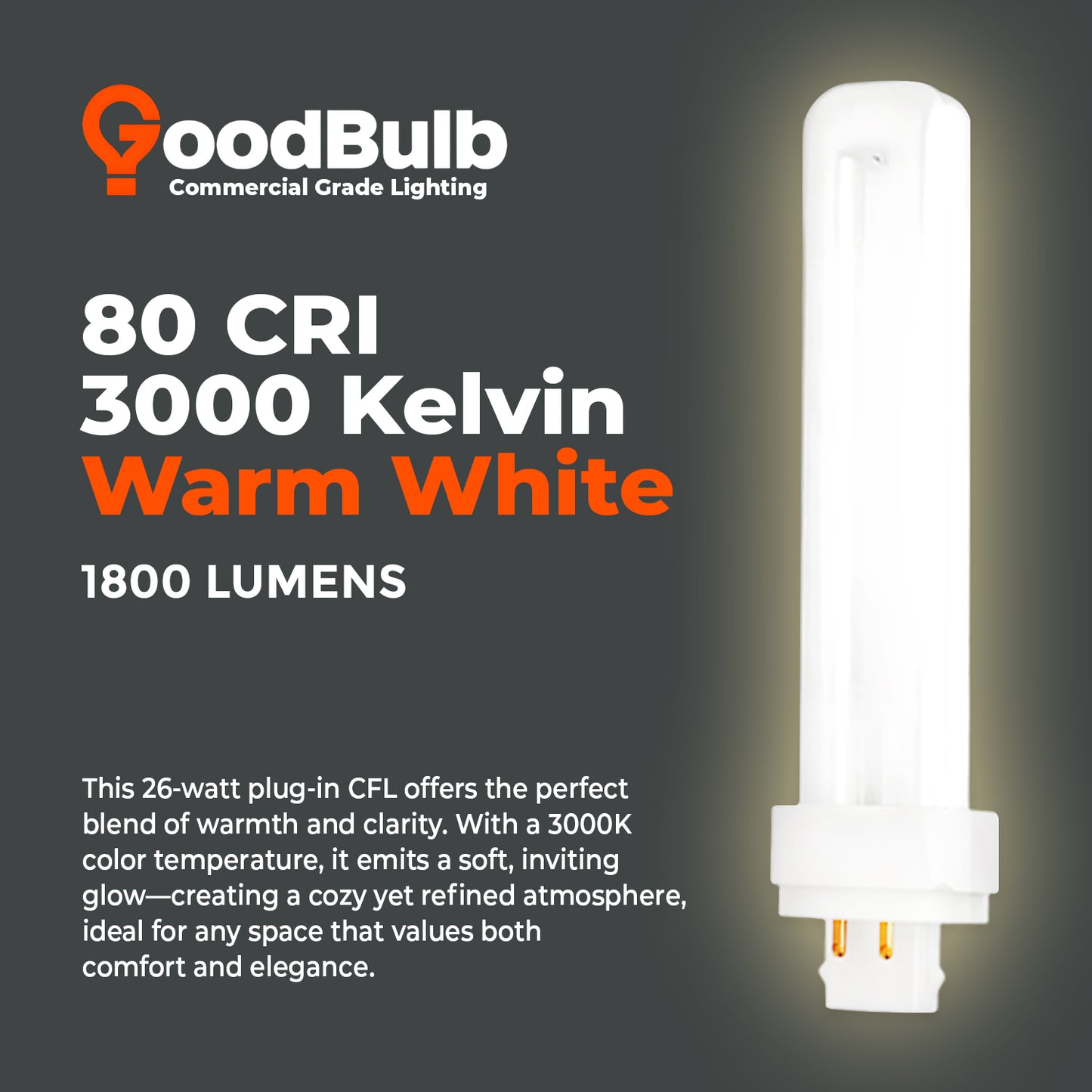 26 Watt CFL Light Bulbs - 3000K Warm White - 4 Pin G24Q-3 - 26W 1800 Lumens - Double Tube Compact Fluorescent Light Bulbs Plug-in