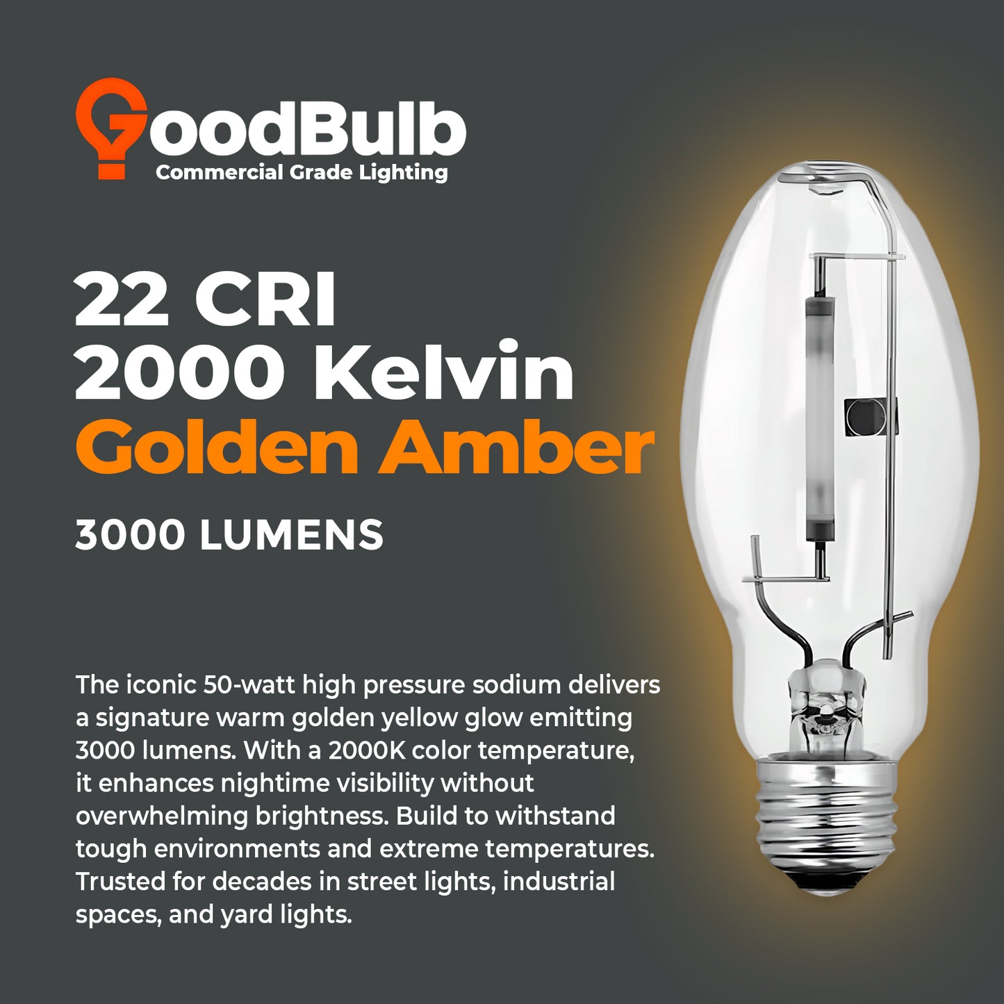 50-Watt High Pressure Sodium HID Light Bulb - E26 Medium Base - Clear - 2000K Warm Yellow Light - 3000 Lumens - 24,000 Hours