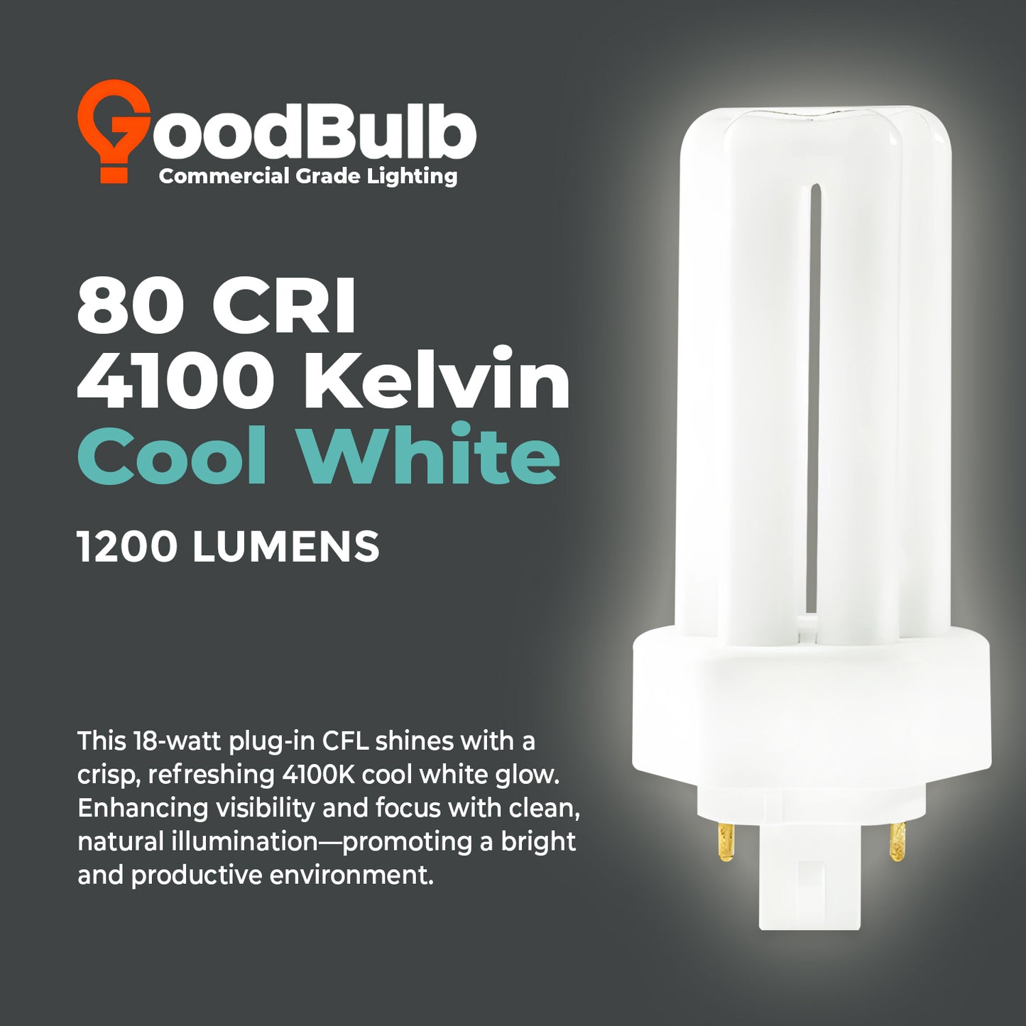 18 Watt CFL Light Bulbs - 4 Pin GX24Q-2 Base - 4100K Cool White -18W 1200 Lumens - Triple Tube Compact Fluorescent Light Bulbs Plug-in