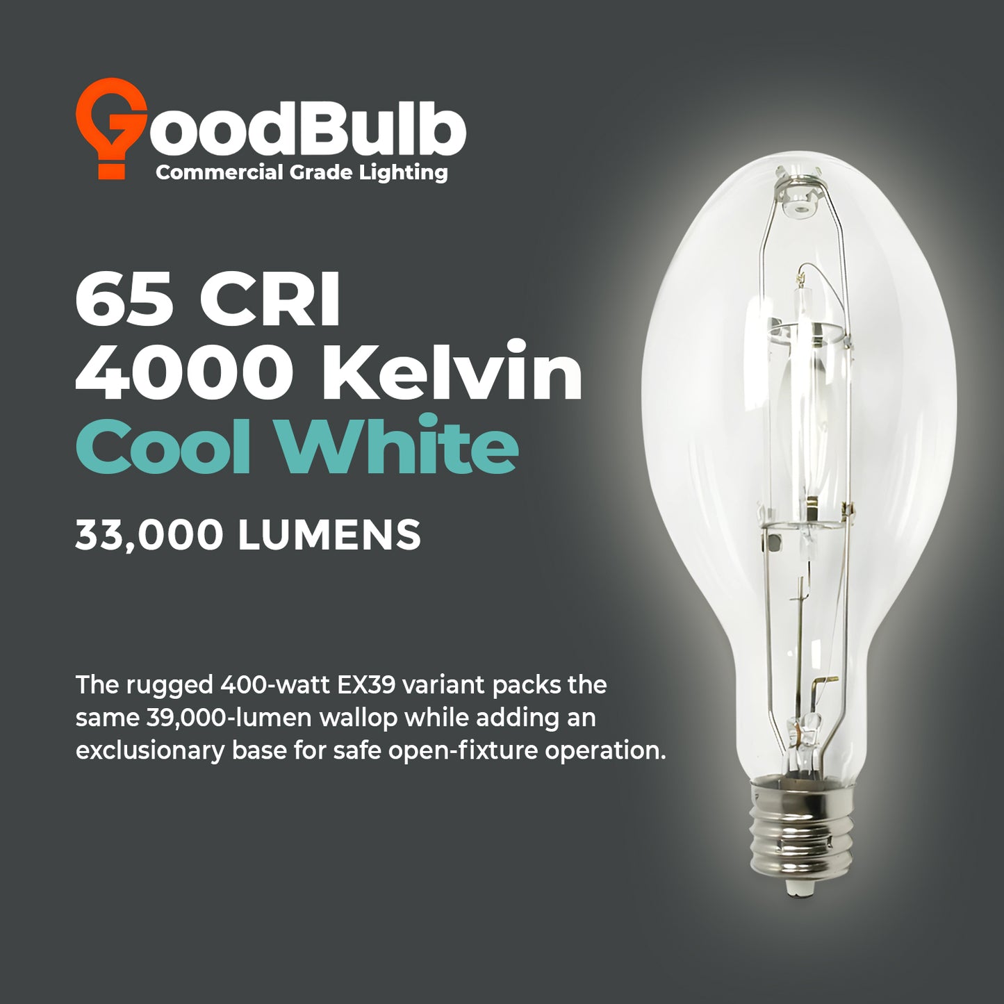 400 Watt Metal Halide HID Light Bulb - EX39 Extended-Mogul Base - Clear - 4000K Cool White - 33,000 Lumens - 15,000 Hours