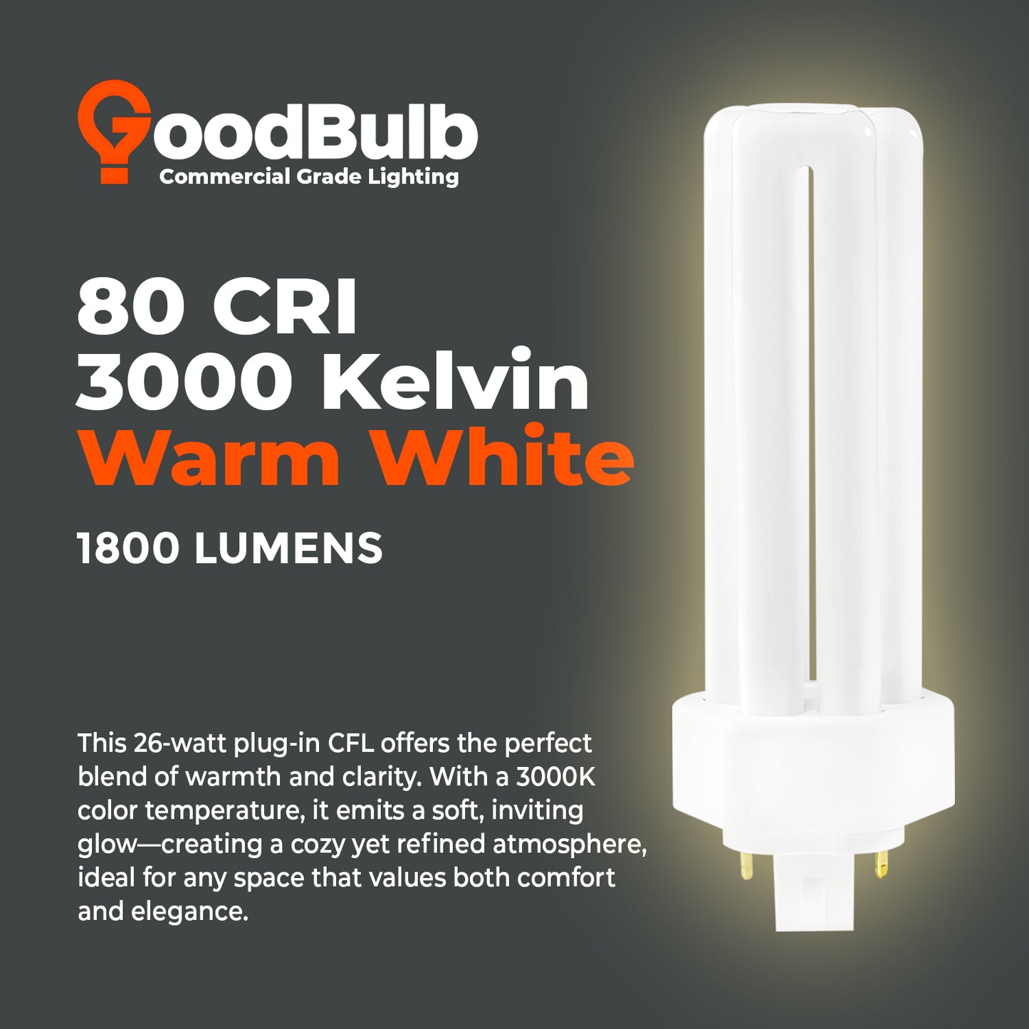 26 Watt CFL Light Bulbs - 4 Pin GX24Q-3 Base - 3000K Soft White - 26W 1800 Lumens  - Triple Tube Compact Fluorescent Light Bulbs Plug-in