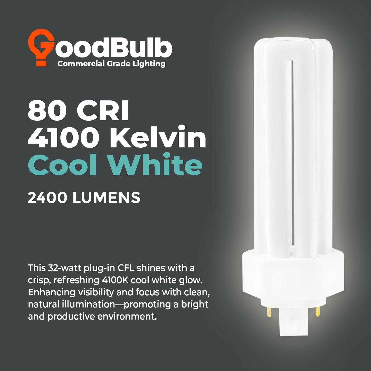 32 Watt CFL Light Bulbs - 4 Pin GX24Q-3 Base - 4100K Cool White -32W 2400 Lumens  - Triple Tube Compact Fluorescent Light Bulbs Plug-in