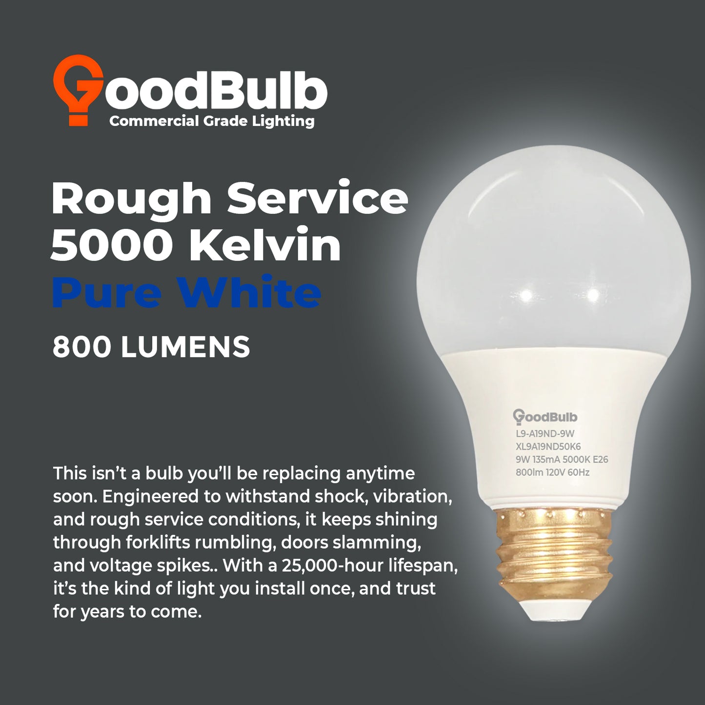 60 WATT REPLACEMENT – 9 WATT ROUGH SERVICE LED A19 – PURE WHITE – 800 LUMENS – 5000 KELVIN – NON DIMMABLE - 25,000 HOURS - 5 YEAR WARRANTY