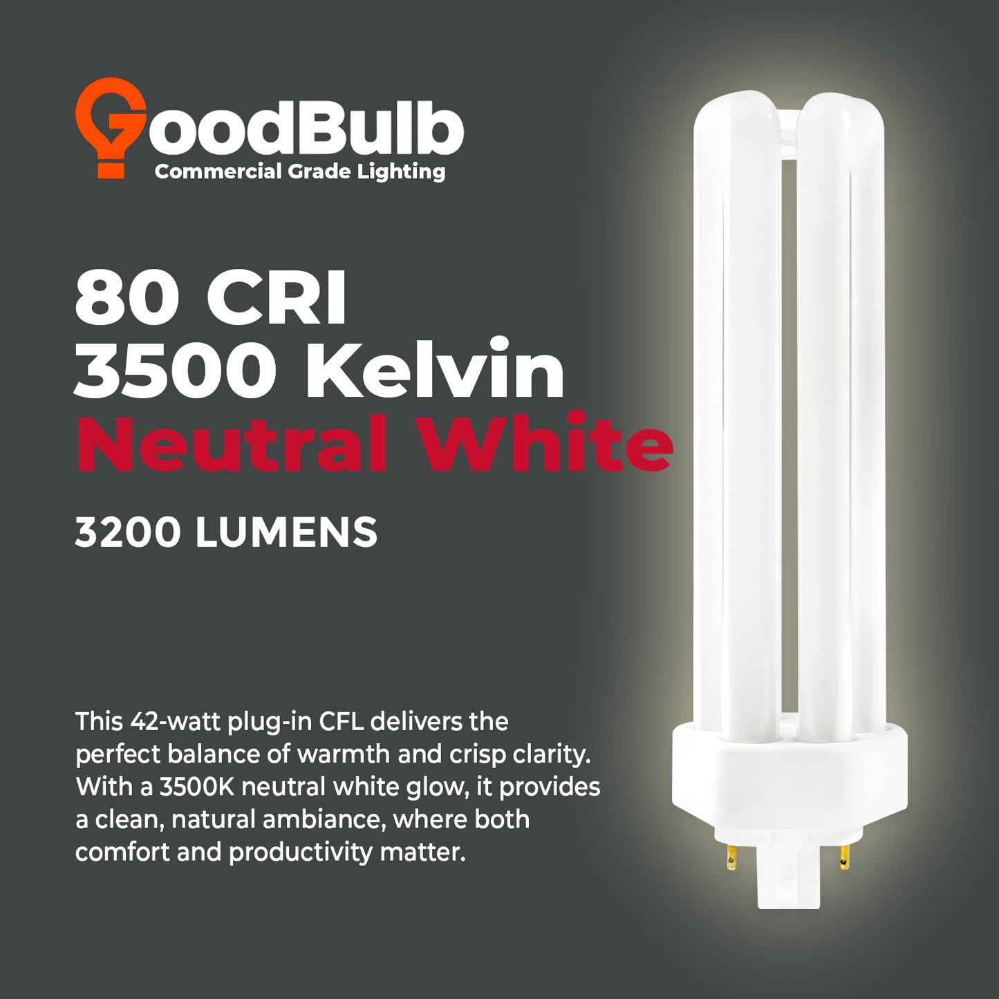 42 Watt CFL Light Bulbs - 4 Pin GX24Q-4 Base - 3500K Neutral White - 42W 3200 Lumens  - Triple Tube Compact Fluorescent Light Bulbs Plug-in