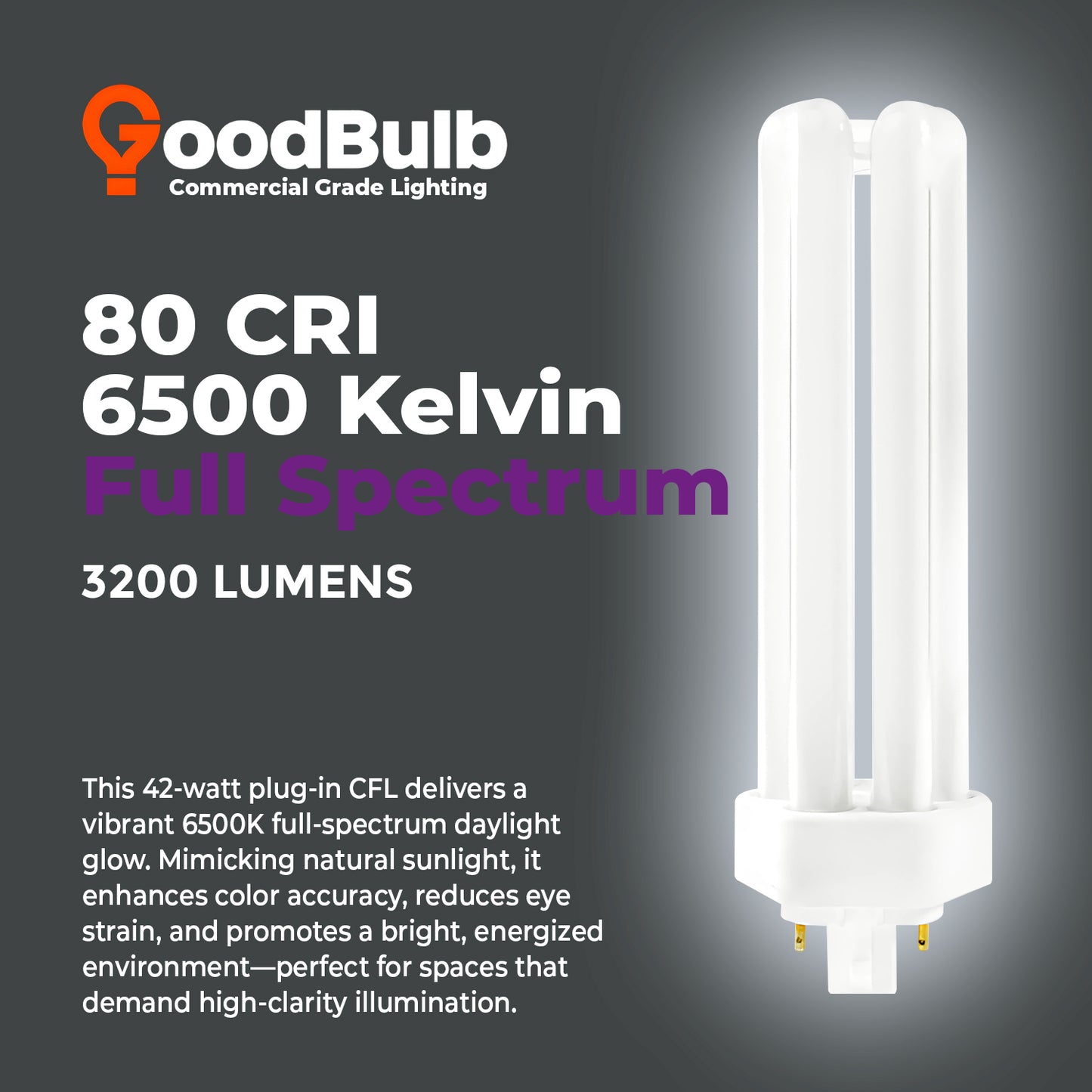 42 Watt CFL Light Bulbs - 4 Pin GX24Q-4 Base - 6500K Full Spectrum - 42W 3200 Lumens  - Triple Tube Compact Fluorescent Light Bulbs Plug-in