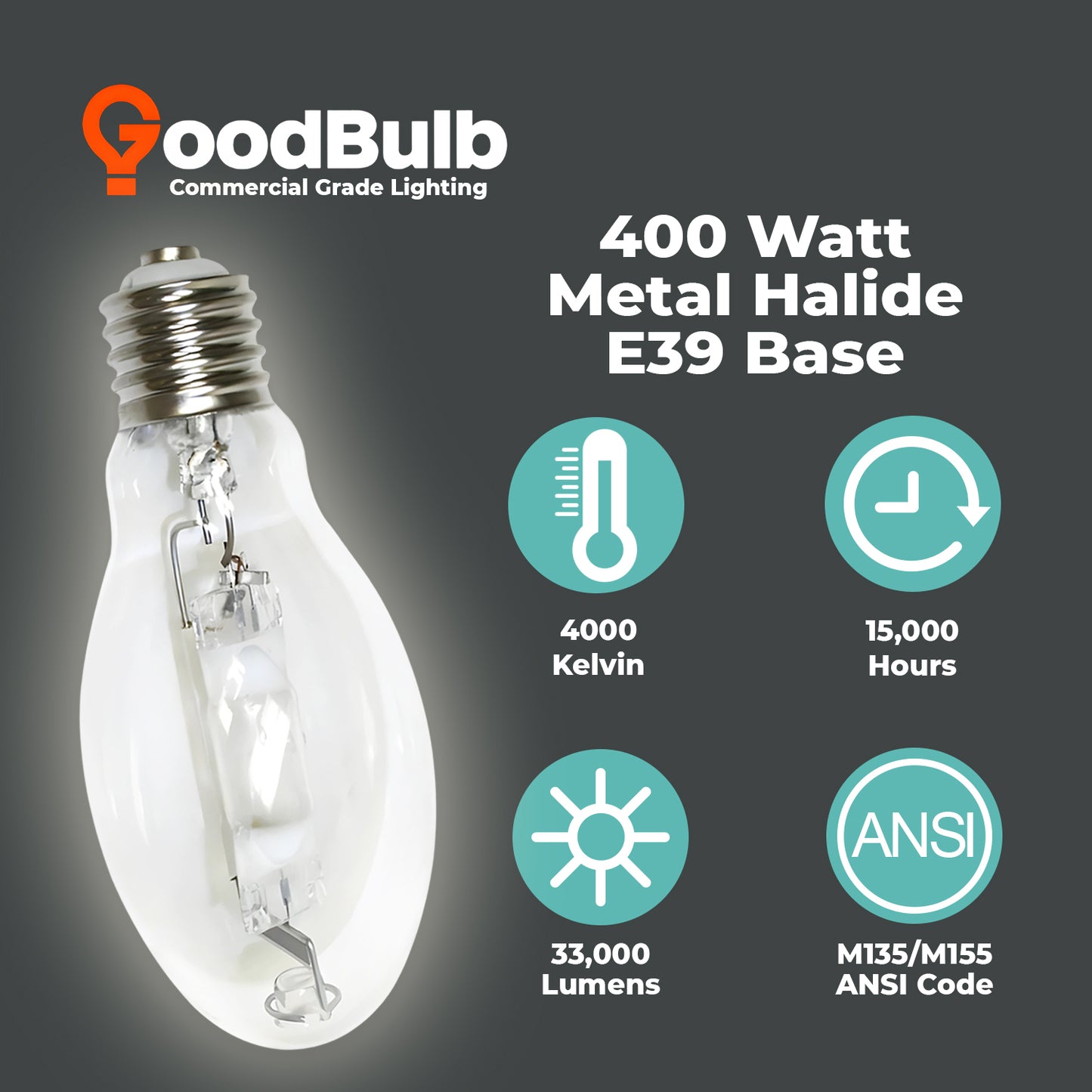400 Watt Metal Halide HID Light Bulb - E39 Mogul Base - Clear - 4000K Cool White - 33,000 Lumens - 15,000 Hours
