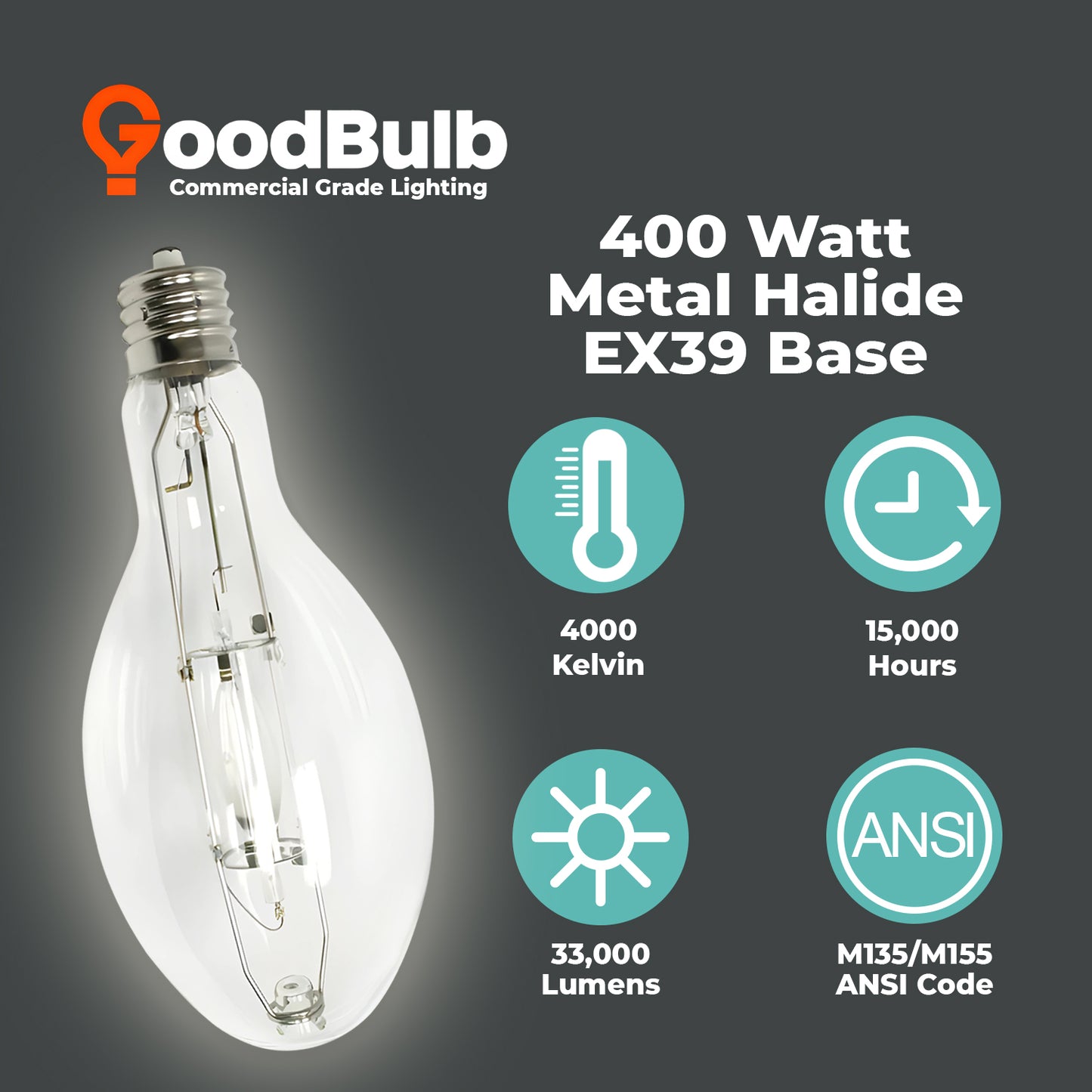 400 Watt Metal Halide HID Light Bulb - EX39 Extended-Mogul Base - Clear - 4000K Cool White - 33,000 Lumens - 15,000 Hours