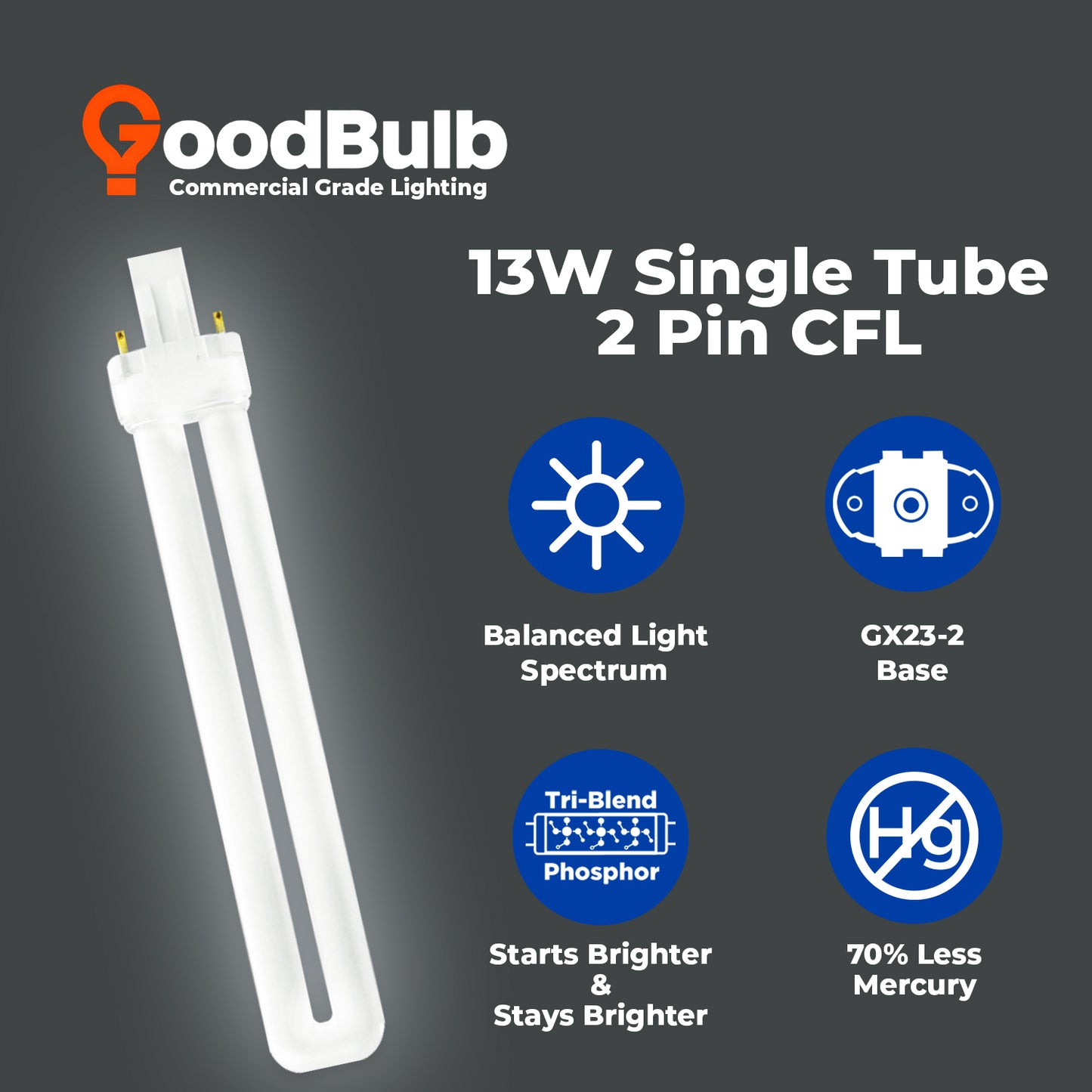 13 Watt CFL Light Bulbs - 2 Pin GX23 Base - 5000K Pure White - 13W 900 Lumens - Single Tube Compact Fluorescent Light Bulbs Plug-in