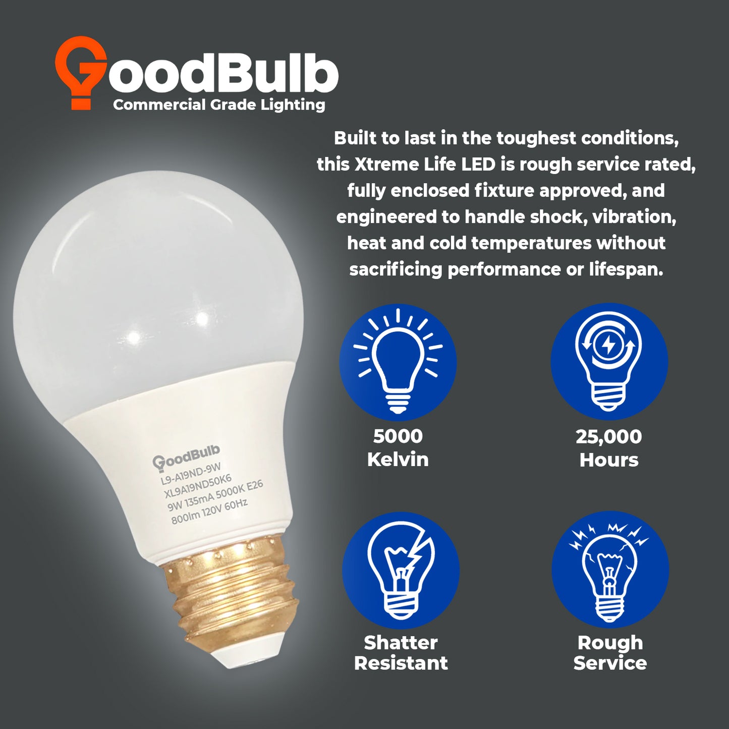 60 WATT REPLACEMENT – 9 WATT ROUGH SERVICE LED A19 – PURE WHITE – 800 LUMENS – 5000 KELVIN – NON DIMMABLE - 25,000 HOURS - 5 YEAR WARRANTY