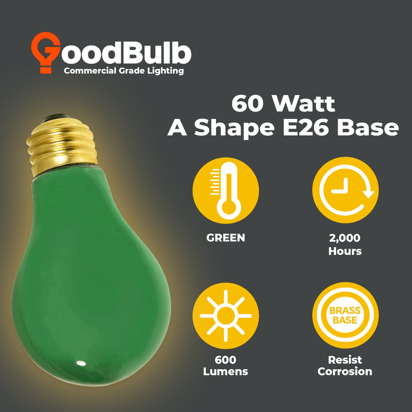 60 Watts - A19 Ceramic Green Incandescent - Party Light Bulb - 2000 Life Hours - 120 Volts - E26 Brass Base