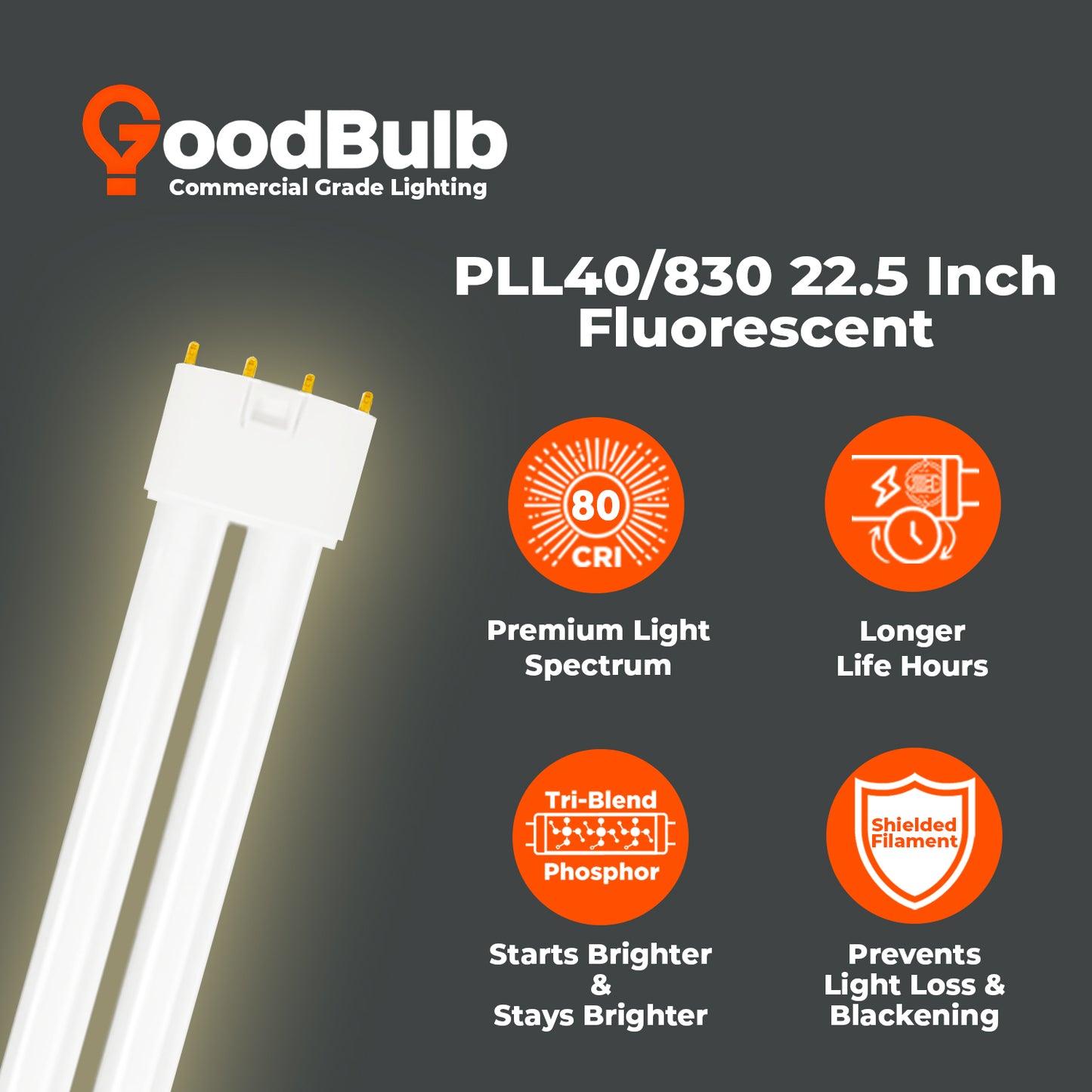 PLL40/830 - 40 Watt - 22.5 Inch Twin Tube CFL - 4-pin 2G11 Base - 3000K Warm White 2800 Lumen - 12000 Life Hours