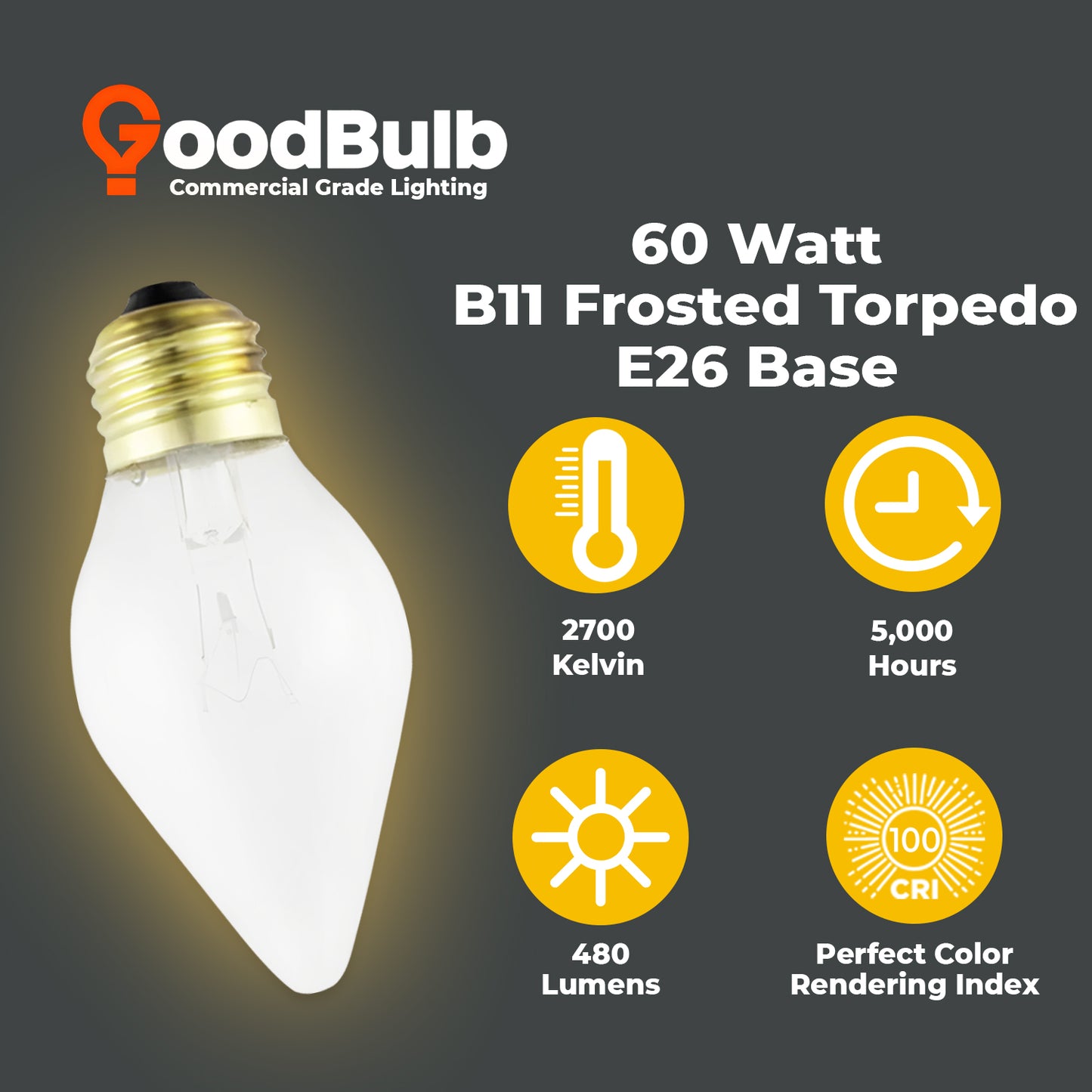 Incandescent Chandelier Light Bulb - 60 Watts 480 Lumens - Clear Torpedo Shape - 5000 Life Hours - 120 Volts - E26 Brass Base - Silicone Shatter Guard Finish