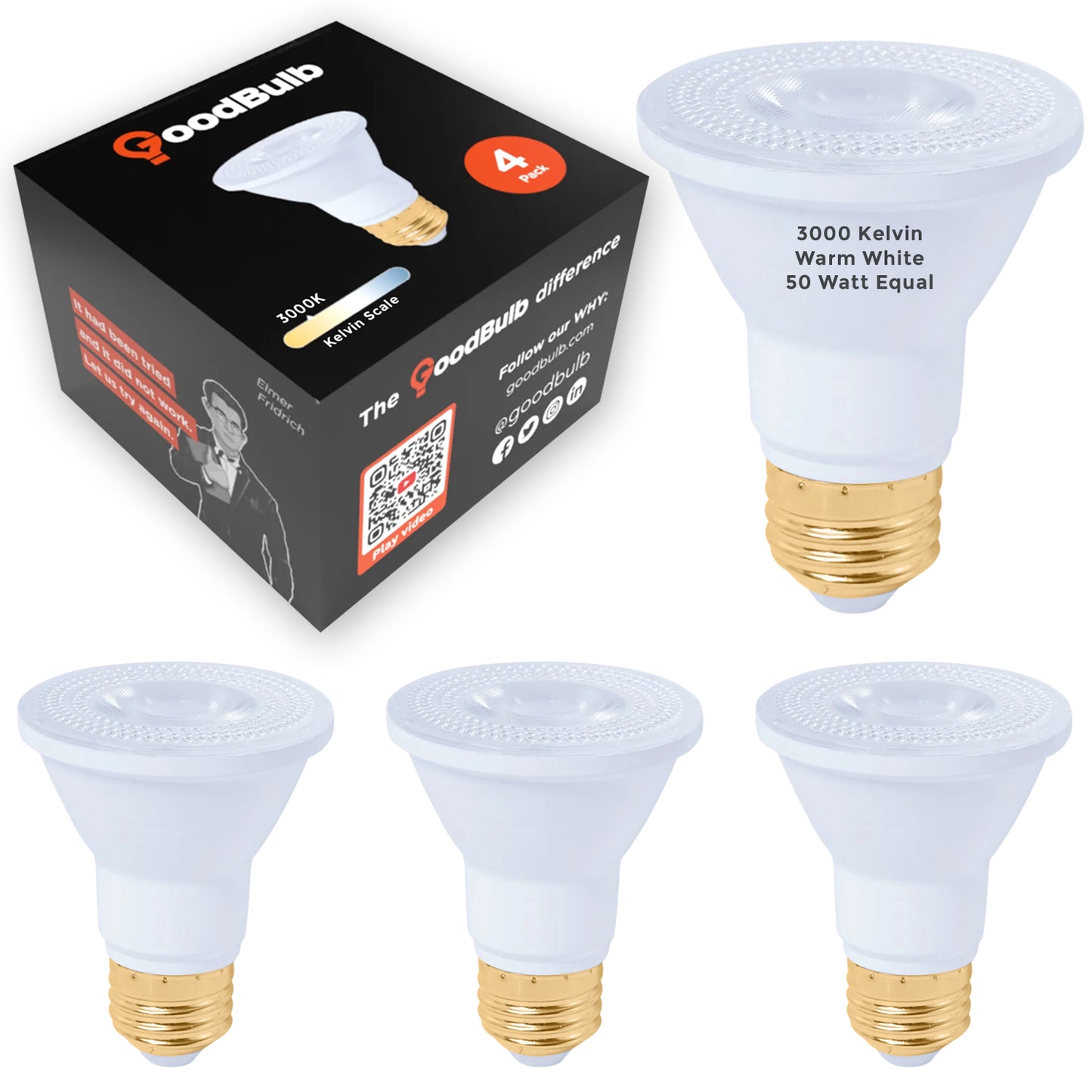 50w HALOGEN UPGRADE - 8 WATT DIMMABLE LED PAR20 - 90+ CRI - SUNRISE WARM WHITE - 500 LUMENS - 3000 KELVIN - ROUGH SERVICE - 25,000 HOURS & 5 YEAR