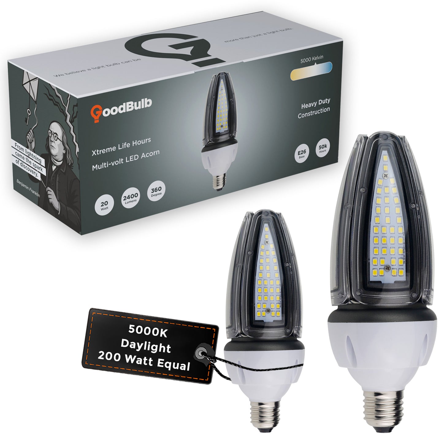 200w EQUIVALENT - 20 WATT NON-DIMMABLE LED ACORN - 84 CRI - PLATINUM PURE WHITE - 2400 LUMENS - 5000 KELVIN - ROUGH SERVICE - 50,000 HOURS & 5 YEAR