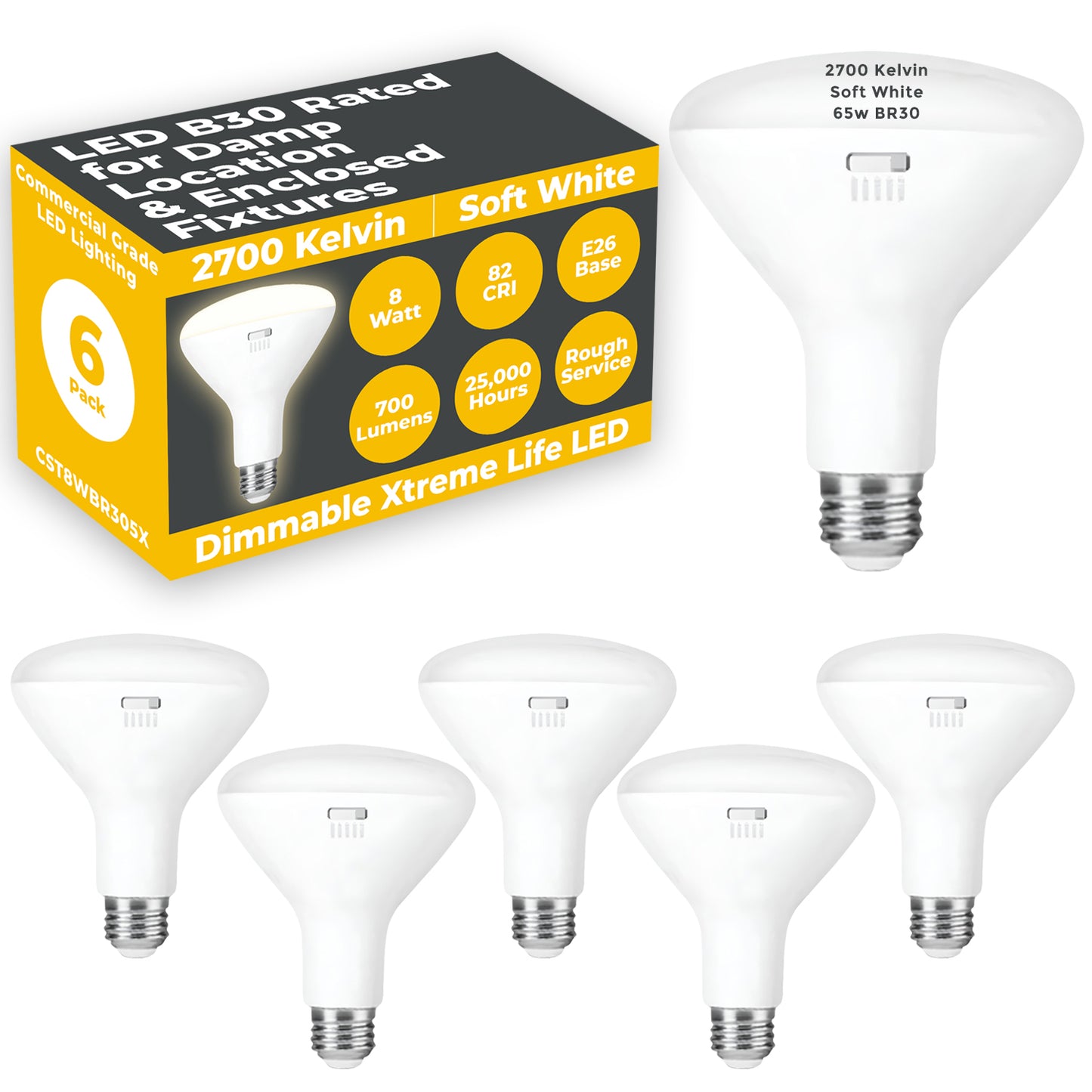 65w BR30 UPGRADE - 8 WATT DIMMABLE LED Reflector - 82 CRI - COLOR SELECT KELVIN SELECT - 700 LUMENS - 27,30,35,40,5000K - ROUGH SERVICE - 25,000 HOURS & 3 YEAR