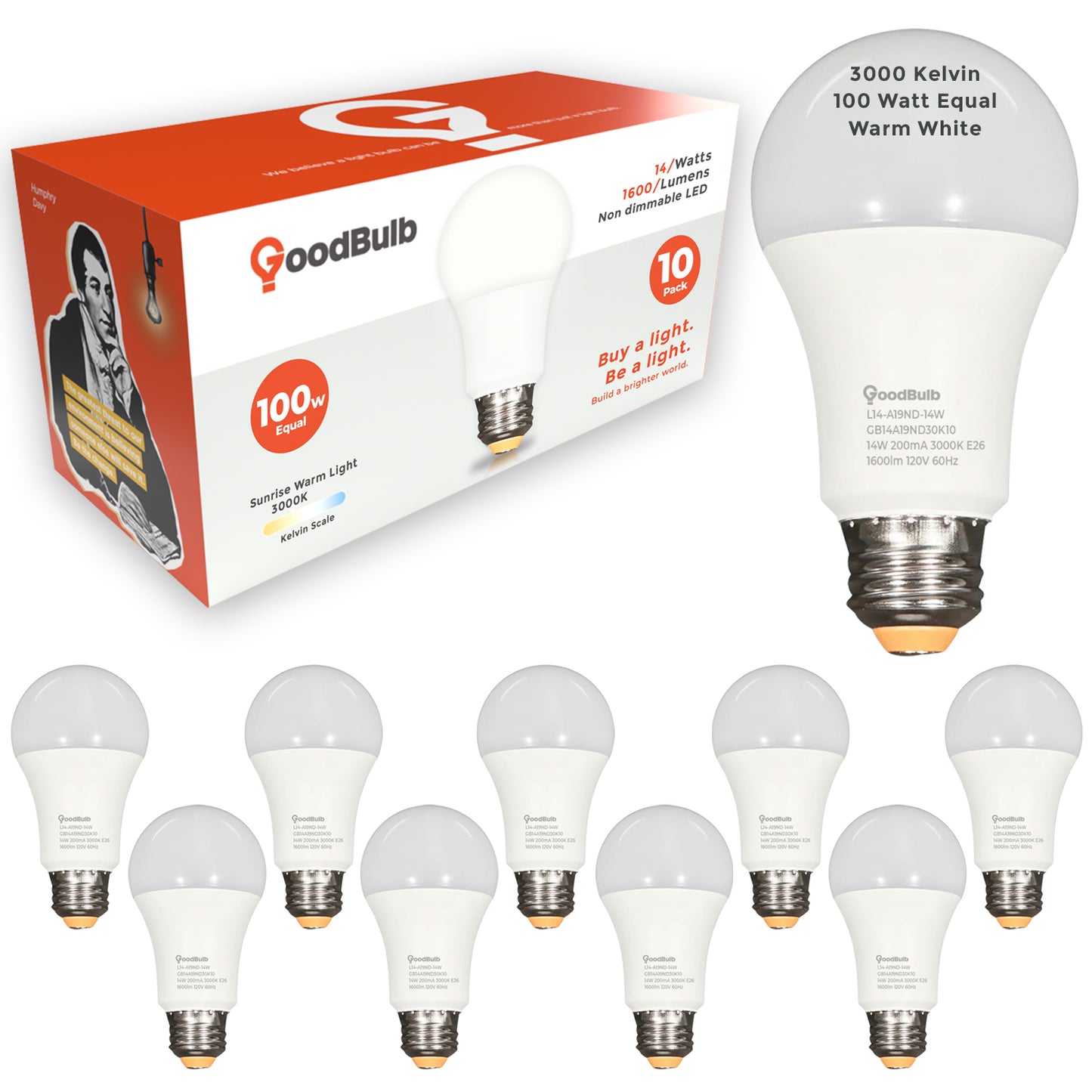 100 WATT EQUAL – 14 WATT Rugged Condition LED A19 – WARM WHITE – 1600 LUMENS – 3000 KELVIN – NON DIMMABLE - 15,000 HOURS - 2 YEAR WARRANTY