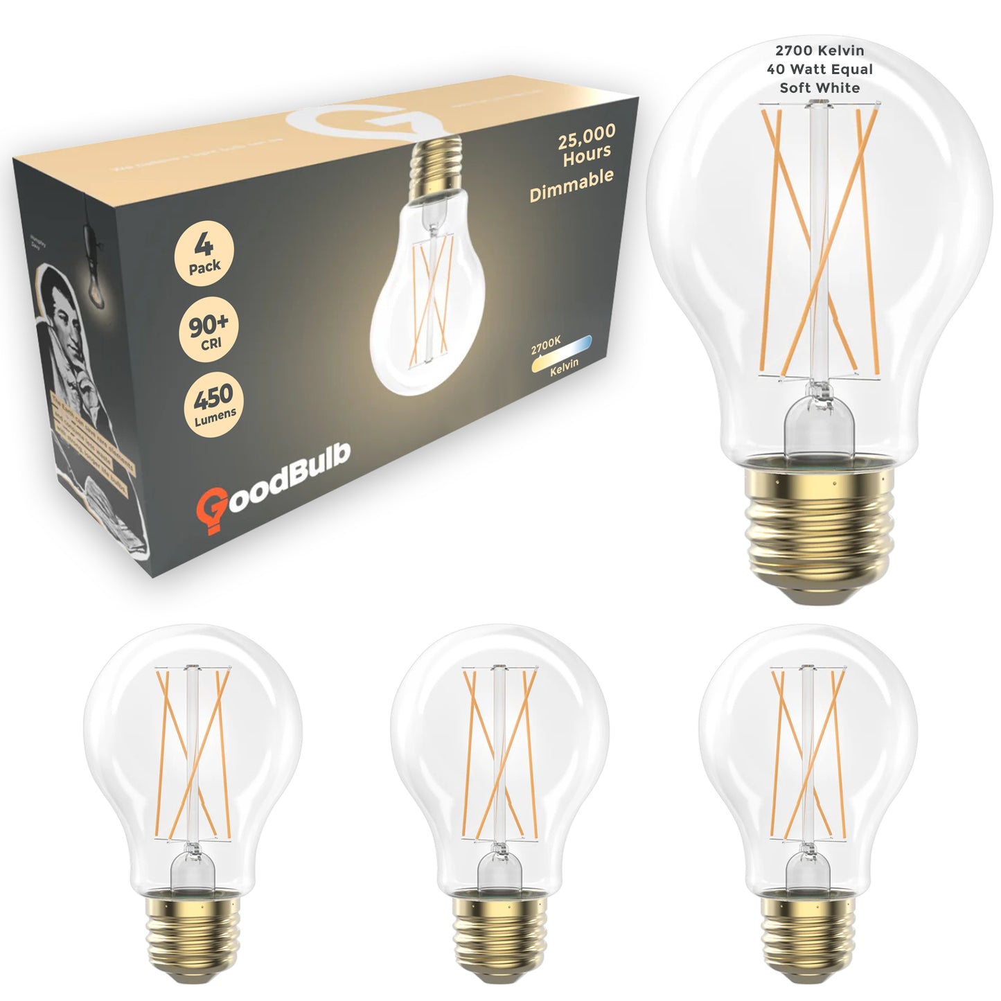 40 WATT REPLACEMENT – 5 WATT CRYSTAL CLEAR FINSIH LED A19 – 90+ HIGH CRI – SOFT INCANDESCENT SPARKLE – 450 LUMENS – 2700 KELVIN – THICK FILAMENT - 5 YEAR WARRANTY