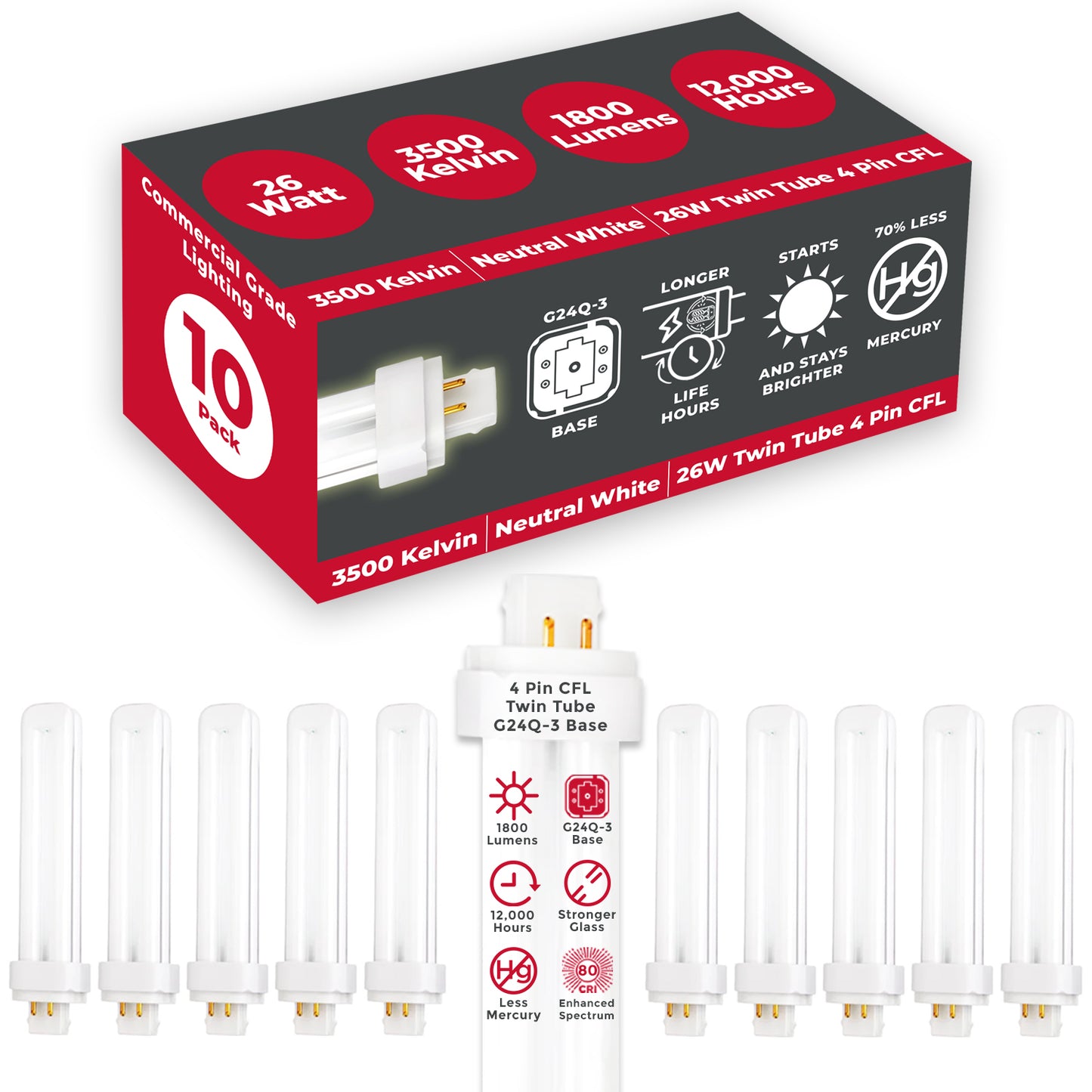 26 Watt CFL Light Bulbs - 4 Pin GX24Q-3 Base - 3500K Neutral White - 26W 1800 Lumens  - Triple Tube Compact Fluorescent Light Bulbs Plug-in