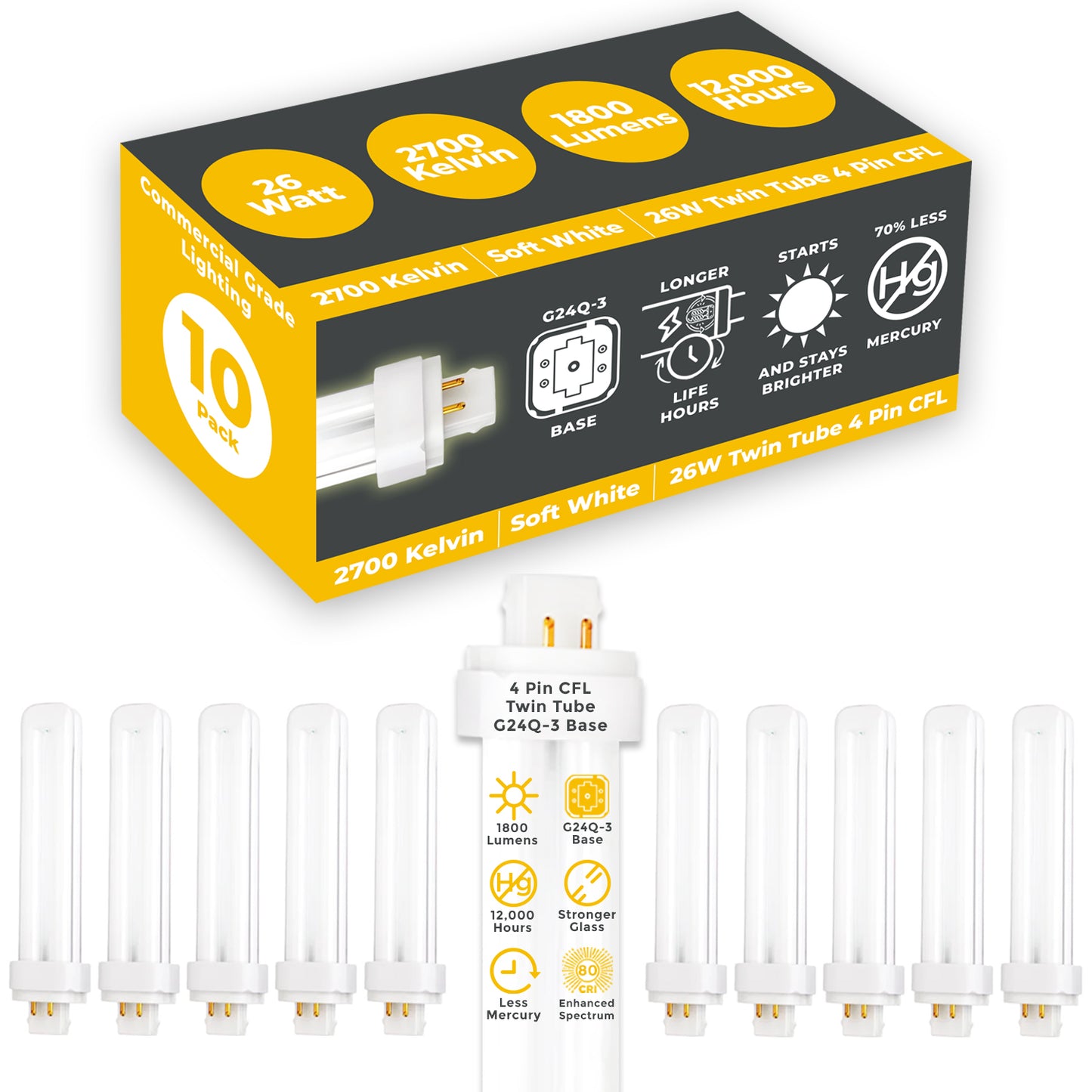 26 Watt CFL Light Bulbs - 2700K Incandescent Glow - 4 Pin G24Q-3 - 26W 1800 Lumens - Double Tube Compact Fluorescent Light Bulbs Plug-in