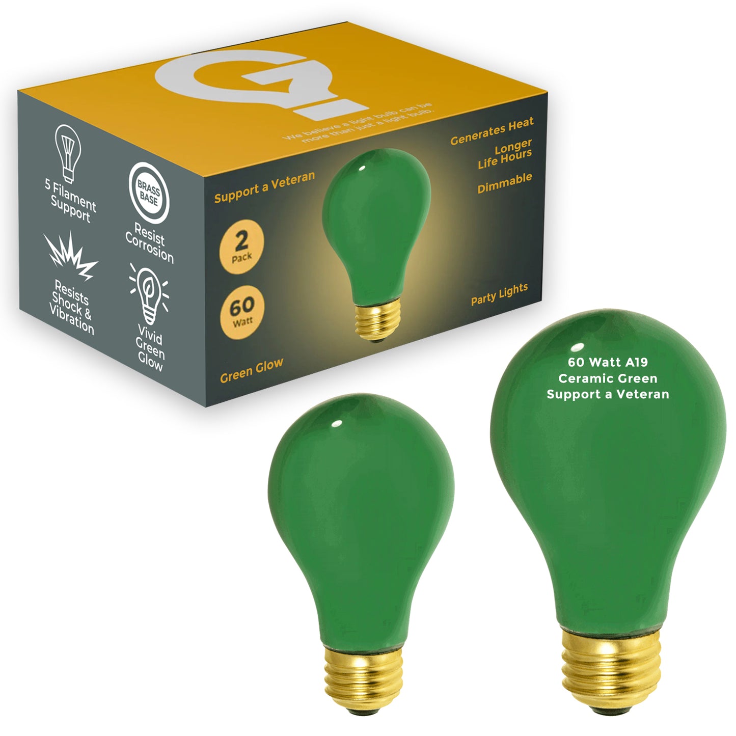 60 Watts - A19 Ceramic Green Incandescent - Party Light Bulb - 2000 Life Hours - 120 Volts - E26 Brass Base