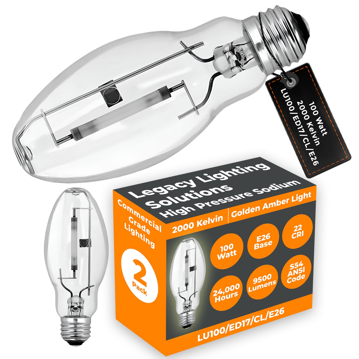 Side view of LU100/ED17/CL/E26 High Pressure Sodium HPS HID bulb showing clear glass and brass E26 base