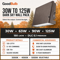 Dark Sky LED Wall Pack, 30/63/90/125W Selectable, 3 CCT