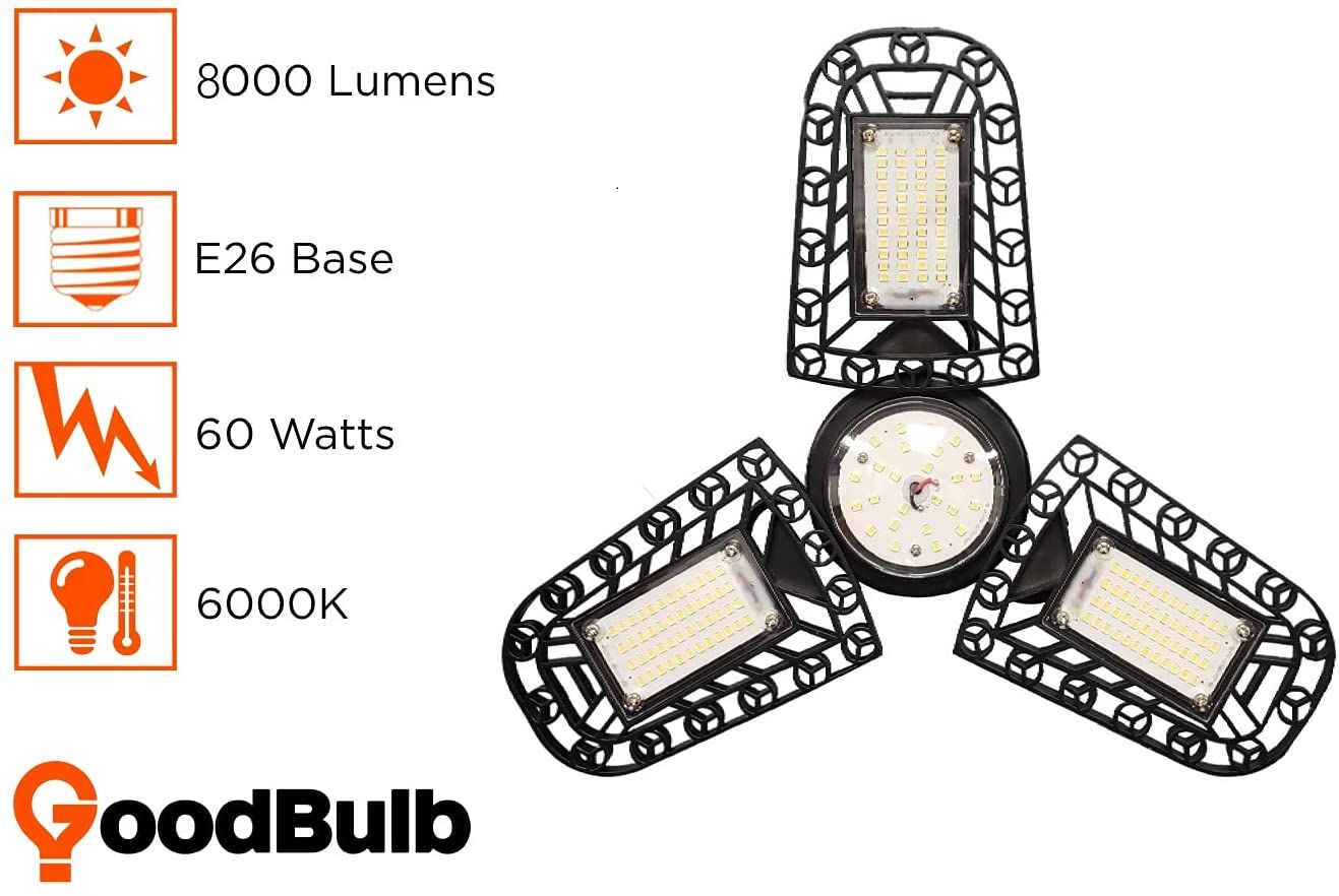 60W Tri-Fold LED Garage Light | E26 Base | Full Spectrum - 6000K | 8000 Lumens | 1 Pack